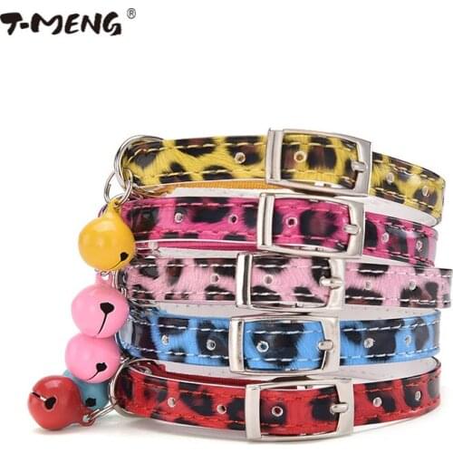 T-MENG Dog Cat Collars with Bell for Cats Leopard Pu Leather Pet Supplies for Small and Lager Cats Puppy Collar for Chihuahua