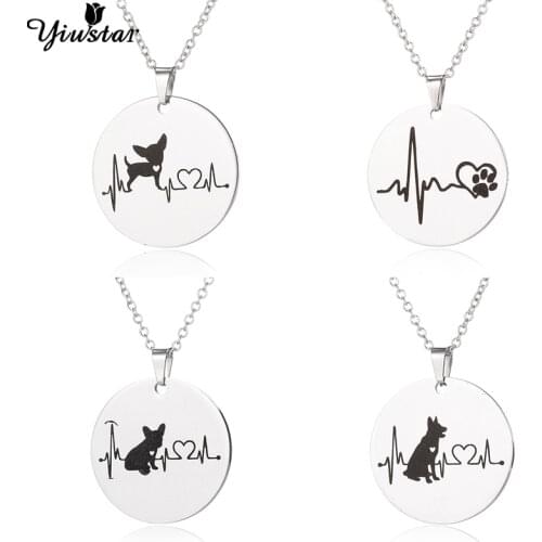 Yiustar Fashion Stainless Steel Chihuahua Dog Necklace Pendants Animal Jewelry Print Cute Cartoon with Heartbeat Wave bijoux