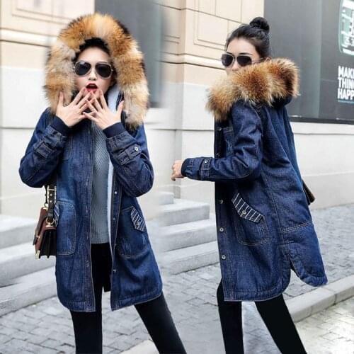 Womens Denim Windbreaker Jacket Winter Thicken Warm Jacket Large Size 5XL Hooded Big Fur Collar Jeans Denim Coat Outerwear A970