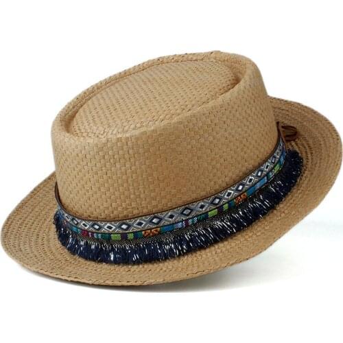 2019 Raffia Straw Women Men Sun Hat Summer Pork Pie Hat Sunbonnet Hat Lady Flat Boater Beach Panama Sunhat Fascinato Hat