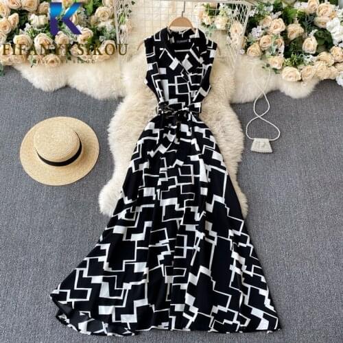 20201 Summer Sleeveless Dress Women Geometric Print Fashion Lace Up Black Long Dress Notched Collar Vintage Party Dress Female