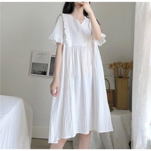 2021 Spring and Summer New V-neck Nightdress Womens Cotton Jacquard Nightgown Short Sleeve Long Skirt Home Wear Sleepwear