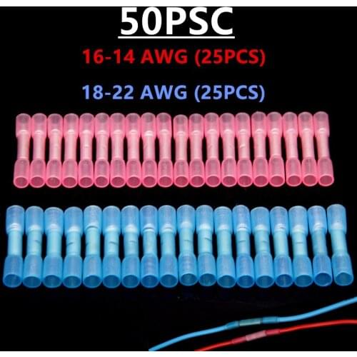50PCS Wire Crimp Connector Waterproof Electric Heat Shrink Butt Connectors Crimp Terminal Block 14-22 AWG Car Accessories Kit
