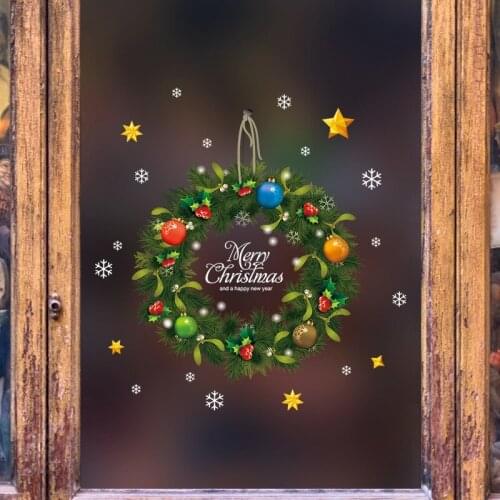 Evergreen Garland Snowflake Star Merry Christmas Wall Stickers For Store Showcase Decor Xmas Festival Wall Art Home Decals