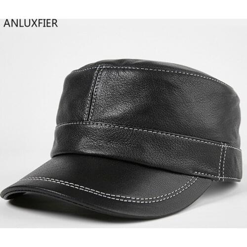 H7626 Men Thin Military Cap Male Middle Aged Youth Genuine Leather Forward Hat Spring Autumn Flat Top Outdoor Casual Simple Caps