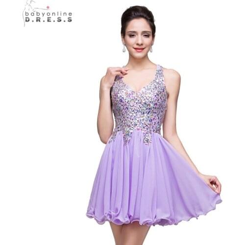 24 Hours Shipping Purple Crystals Short Cocktail Dresses Sexy V-neck Backless Mini Party Dresses Ruched Robe De Cocktail
