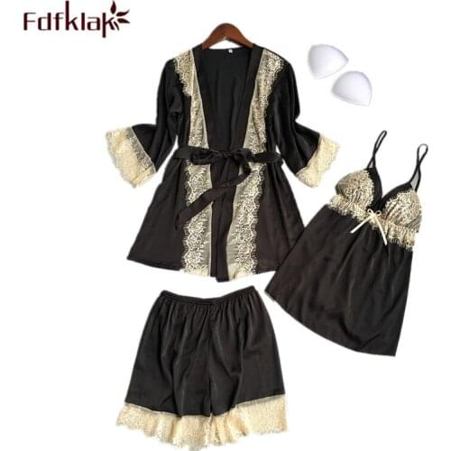 Fdfklak Lace Pyjama Woman Sleepwear Pijama Sexy Mujer Spring Summer 3 Pieces Ladies Pajamas Pajama Sets Women Plus Size XXL Q639