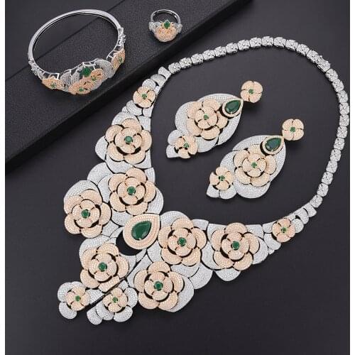 LARRAURI 4Pcs Statement Jewelry Sets Collar Necklace Earrings Bangle Ring For Women Bridal Wedding Cubic Zirconia Jewelry Sets