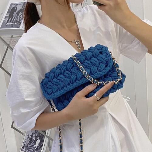 Fashion Crochet Crossbody Bags for Women Rope Knitting Shoulder Bag String Square Handbag Small Braided Chains Flap Phone Purses