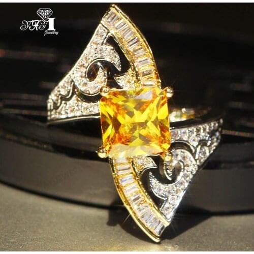 Fashion Jewelry Princess Cut Prong Setting Yellow Cubic Zirconia Silver Gold Color Engagement Wedding Party Leaves Gift Rings