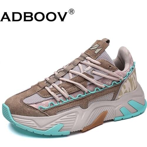 ADBOOV New Genuine Leather Chunky Sneakers Men Fashion Street Casual Shoes Suede Trainers