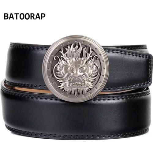 BATOORAP Mens Black Belt Cowhide High Quality Dragon Print Buckle Automatic Alloy 3.5CM Width Ratchet Belt Business Waist Strap