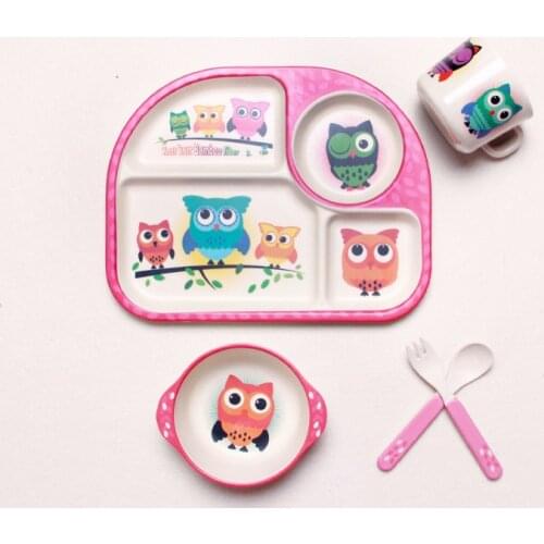 5 Pcs/Set Baby Bamboo Fiber Tableware Set Baby Plate Children Cartoon Separation Plate Bowl Fork Spoon Cup Set Feeding Supplies