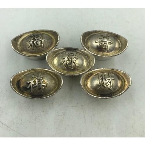 Collection of Chinese Archaize Qing Dynasty Fu Lu Shou Xi Cai silver-plated ingots a set of statue decorations