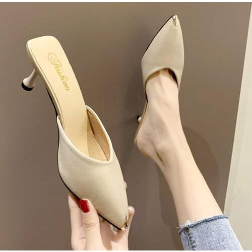 2021 New Sandals Womens Summer Mid-heel High Heels Stiletto Pointed Spring and Autumn Semi-slippers Temperament All-match Shoes