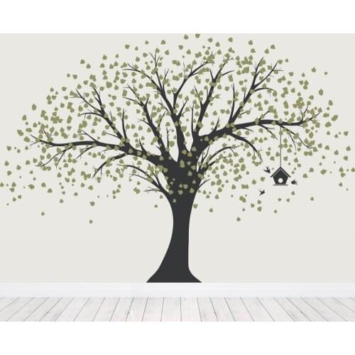 New Large Tree With Birdhouse Wall Sticker Living Room Vinyl Mural Kids Room Flying Birds Falling Leaves Decor Wall Decals LC234