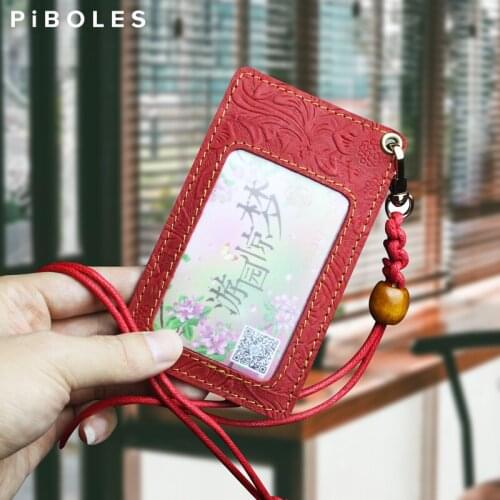 Retro Genuine Leather ID Badge Holder Work Handmade Cowhide Student Identity Bus Credit Card Case Pocket Coin Purse With Lanyard