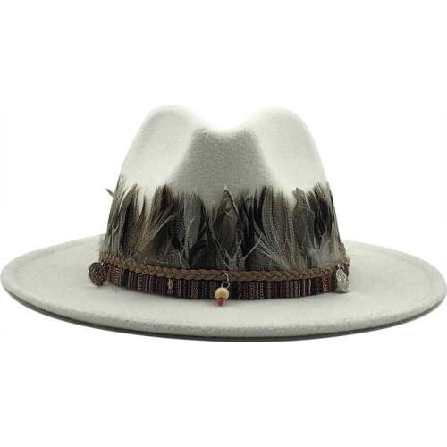 Women Men New Wool Fedora Hat With feather Gentleman Elegant Lady Winter Autumn Wide Brim Jazz Church Panama Sombrero Cap