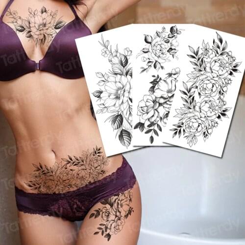 Geometric Flower Temporary Tattoos Sticker Realistic Fake Waterproof Black Rose Tatoos For Women Girl Body Art Arm Legs Tattoo