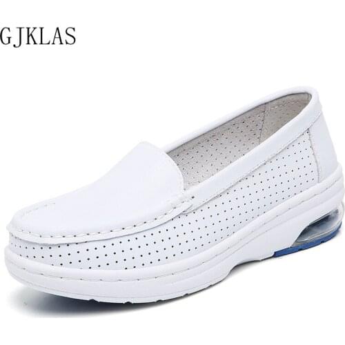 Genuine Leather Casual Shoes Women Loafers Platform Shoes Korean Sneakers Womens Flats Fashion Comfort Hollow Out Nurse Shoe