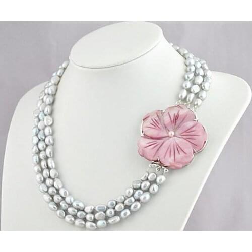 Luck Pearl Jewellery,Handmade 3Rows Flower Gray Genuine Freshwater Pearl Necklace,Fashion Women Chirstmas Gift