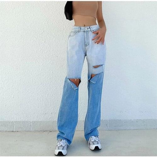 Womens Ripped Holes Tie Dye Printed Jeans High Waist Straight Gradient Loose Denim Pants Blue Y2K Wide Leg Jean Trousers P013