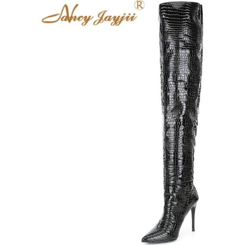 Over The Knee Pure Color Pointed Toe Thin High Heels Boots Crocodile Women Shoes Casual Famous Winter NANCYJAYJII Big Size