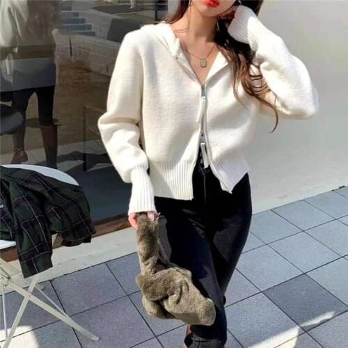 Alien Kitty 2021 New Women Cardigans Sweaters Knitted Female Solid Coat Sweet Loose Elegant Office Lady Casual Hooded Tops