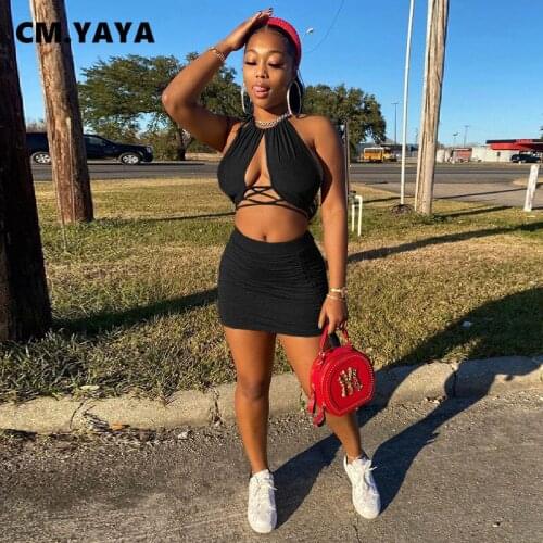 CM.YAYA Women Set Solid Sleeveless Halter Bandage Backless Crop Tops Shirring Skirts Two 2 Piece Sets Sexy Fashion Outfit Summer