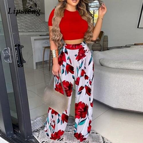 Spring Summer Floral Print Elegant Women Two Piece Set Fashion O-Neck Slim Tops And Wide Leg Pants Suits For Ladies Outfits Chic