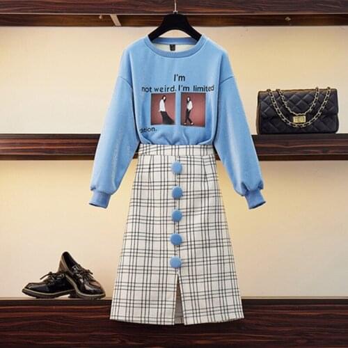 Spring Autumn Plaid Woolen Skirt 2 Piece Set Cool Girl Portrait Print Bright Silk Pullovers Casual Sweatshirt Women Skirt Suits