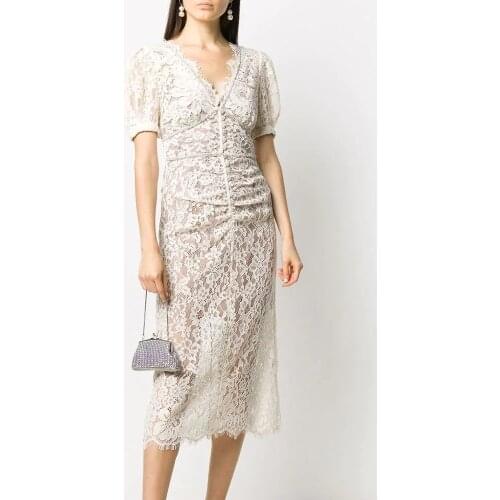 High Quality 2021 Summer New Arrive V-neck White Color Women Lace Midi Dress