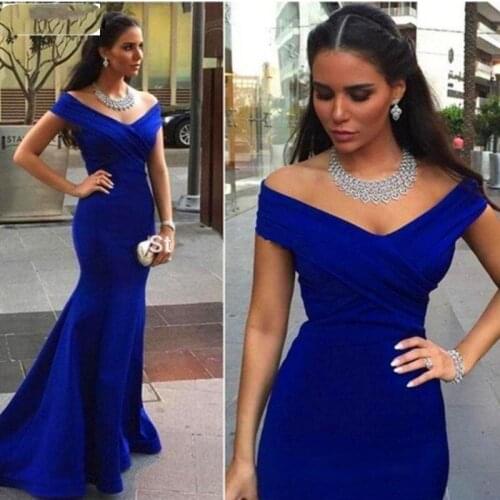 Royal Blue Mermaid Red Carpet Women Celebrity Dresses Sexy V-Neck Pleat Ruffles Abiye Gece Elbisesi Abendkleider