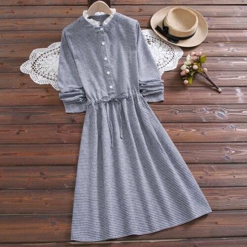 Summer Dresses Women Elegant Plaid Dress Long Sleeve Vintage Cotton Linen Casual Dress