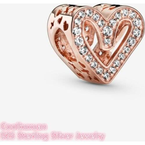 100% 925 Sterling Silver Sparkling Freehand Heart Charm Rose Gold beads Fits Original Pandora bracelets Jewelry Making