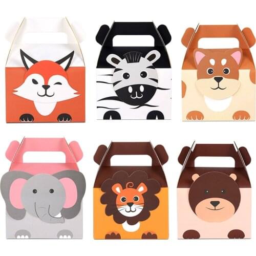5Pcs Jungle Safari Animal Candy Boxes With Handle Lion Fox Gifts Box Bags For Baby Shower Wild One Birthday Party Decor Supplies