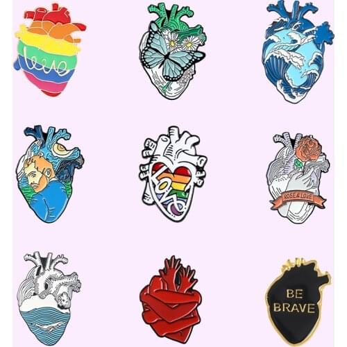 Anatomical Human Heart Enamel Pins Oil Painting Ocean World Butterfly Rose Love Rainbow Heart Brooches Lapel Pin Badge Jewelry