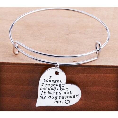Bespmosp 12PCS/Lot Wholesale New "I Thought I Rescued My Dog But It Turns Out" Heart Shaped Pendant Bracelet Bangle Pet Lover