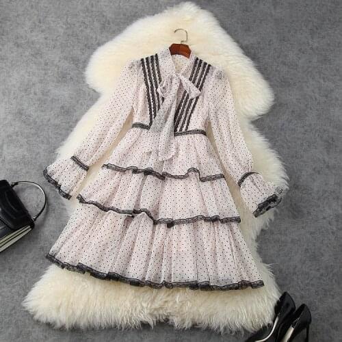 And American womens European clothing New styles for spring 2021 Long sleeve bow collar Lace mesh fashion dress