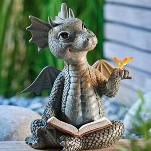 Reading Book Dragon Statue Collecting Resin Ornament Dinosaur Shape Reading Sculpture Outdoor Yard Garden Decoration Art New