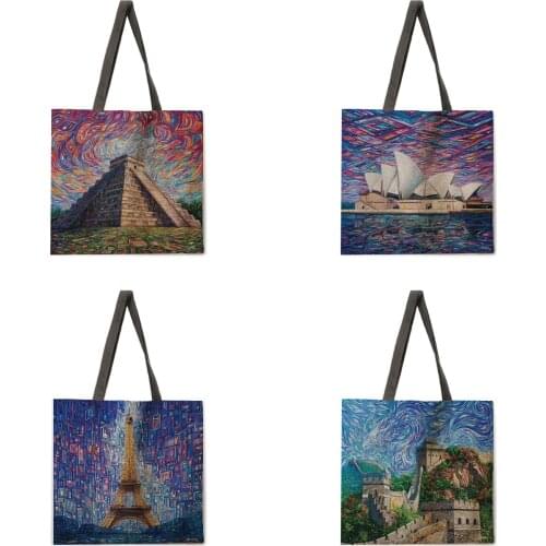 Colorful landmark tote bag linen tote bag reusable shopping bag outdoor beach bag lady shoulder bag