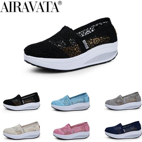 Newbeads Summer Fashion Women Thick-Soled Breathable Mesh Lace Sports Fitness Slip On Rocker Ladies Sneakers Walking Shake Shoes