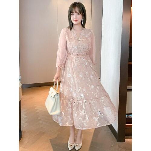 Patchwork dot mesh sleeve cut-out patchwork Ruffle Dress 2021 Spring new