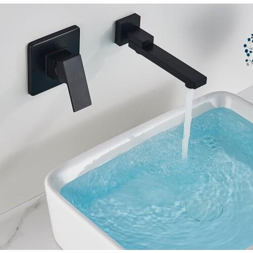 Matte Black Rotate Spout Basin Faucet Wall Mounted Bathroom Hot & Cold Water Mixer Tap Concealed Install Washing Crane Faucets