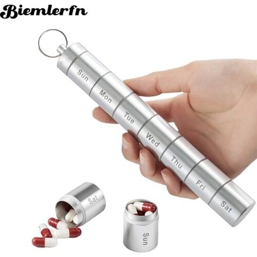 7 Days Metal Pill Box Organizer Waterproof Emergency Medicine Case Dispenser Storage Box with Keychain for Weekly Travel Outdoor