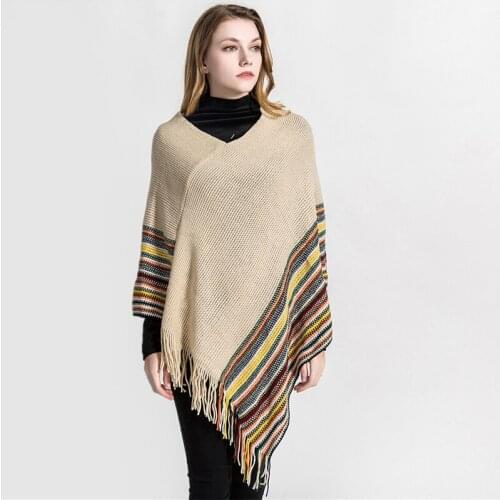 Mingjiebihuo plus size temperament ladies high quality knit comfortable warm thick scarf women long tassel color stripe poncho