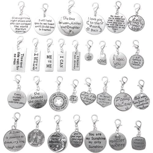 Fashion Mixed Alloy Geometric Letter Words Charms Lobster clasp pendants fit Bracelets Necklace DIY Metal Jewelry Making