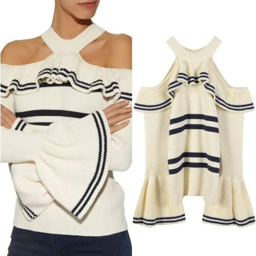 Fashion women sweaters and pullovers sexy cold shoulder designer knitwear flare sleeve ruffle jumper spring autumn fall jersey