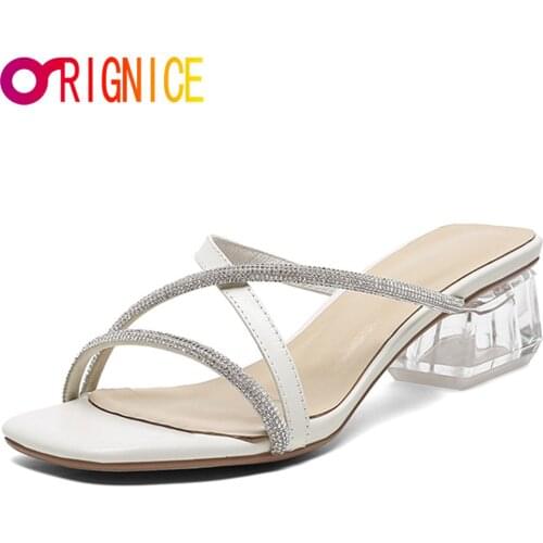 Orignice Elegant Woman Square Toe Sexy Rhinestone Summer Sandals Chunky Transparent High Heels Slipper Wedding Dancing Shoes