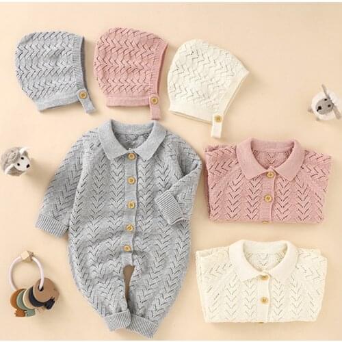 Autumn Infant Kids Baby Clothes Rompers Baby Boy Girl Long Sleeve Knit Jumpsuit + Hat Newborn Baby Boy Girl Pure Color Rompers
